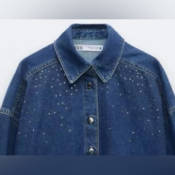 Zara Dark Blue Wash Denim Button-Up Blouse | Rhinestones | New | Small - Picture 6 of 11
